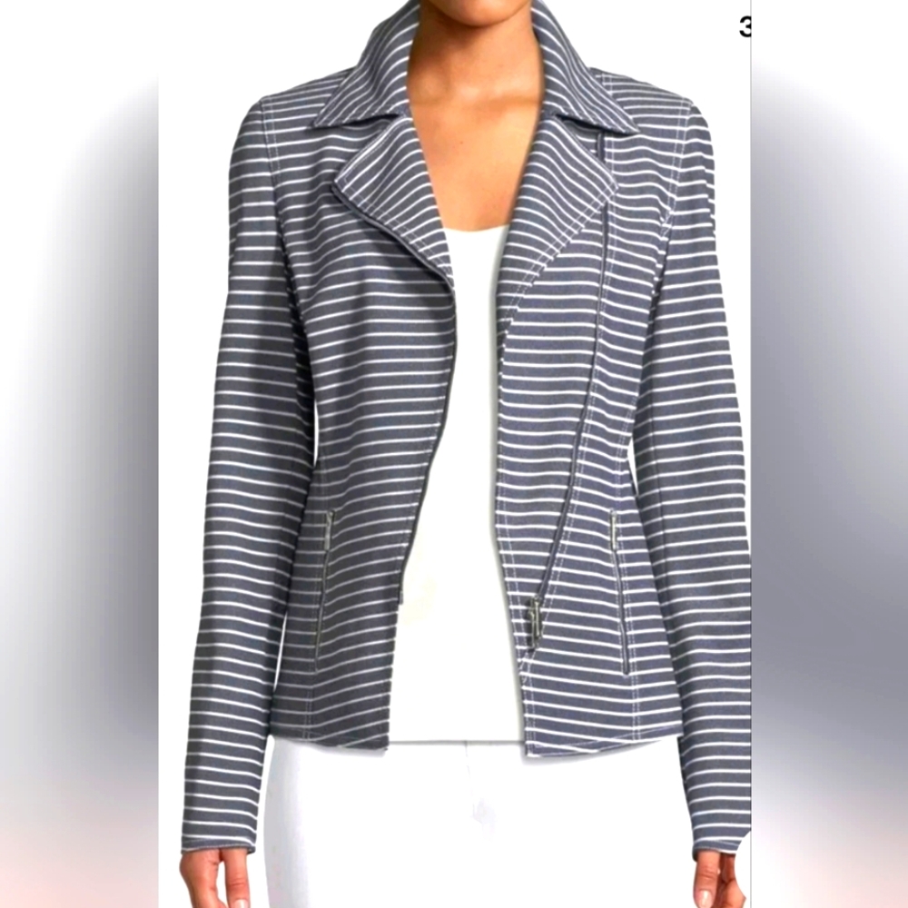 Ladies Lafayette 148 Sz 4  Blue/White Striped Moto Blazer Jacket "READ"